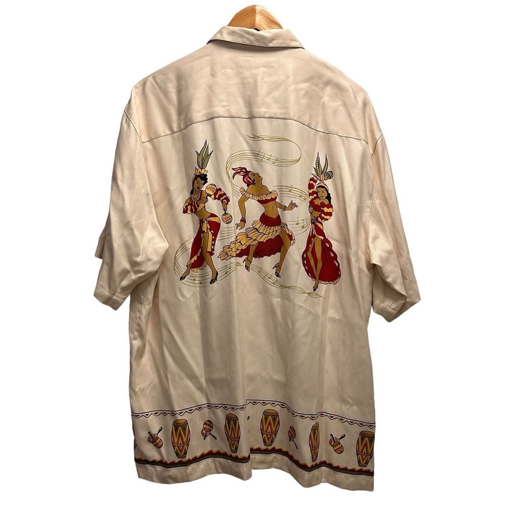 Tommy Bahama Mens Sz L Hawaiian Silk S/S Shirt Hula Girls Polynesian Dancers euc